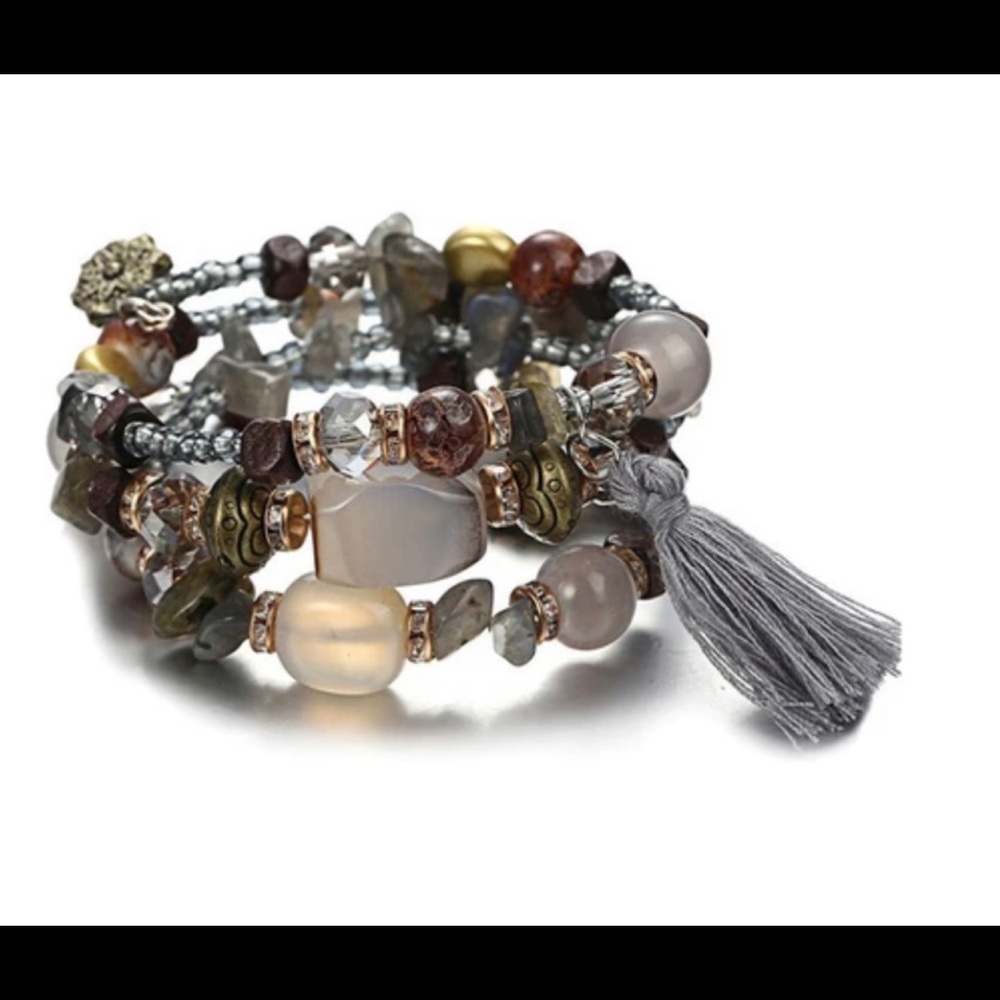 GRAY MULTI STONE AND CHARM LAYERED BRACELET